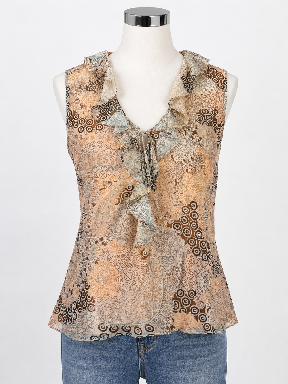 ICE 100% Silk Paisley Sequin Ruffle Tie Neck Sleeveless Blouse L
